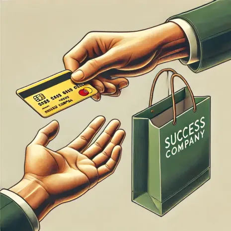 DALL·E 2025-02-16 18.08.20 - A digital illustration representing a simple e-commerce transaction. One hand extends forward, holding a golden credit card labeled 'Success Company,'